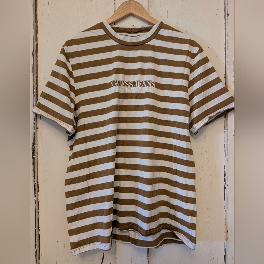 Guess Men's Tan and White Striped Tee